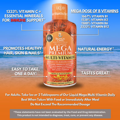 Mega Premium Liquid Multivitamin | Natural Immune Support Vitamin w/ 1333% Vitamin C, 200% D3, Zinc + 20 Vitamins, 70 Minerals, & 21 Amino Acids | Sugar Free