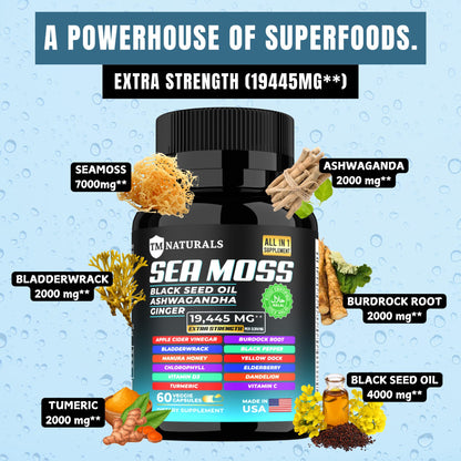 TM NATURALS Sea Moss with Black Seed Oil, Vitamin C, Ashwagandha and Turmeric for Immune Support & Energy - 60 Vegan Capsules + Free Pill Box TM NATURALSBuy Supplements Australia