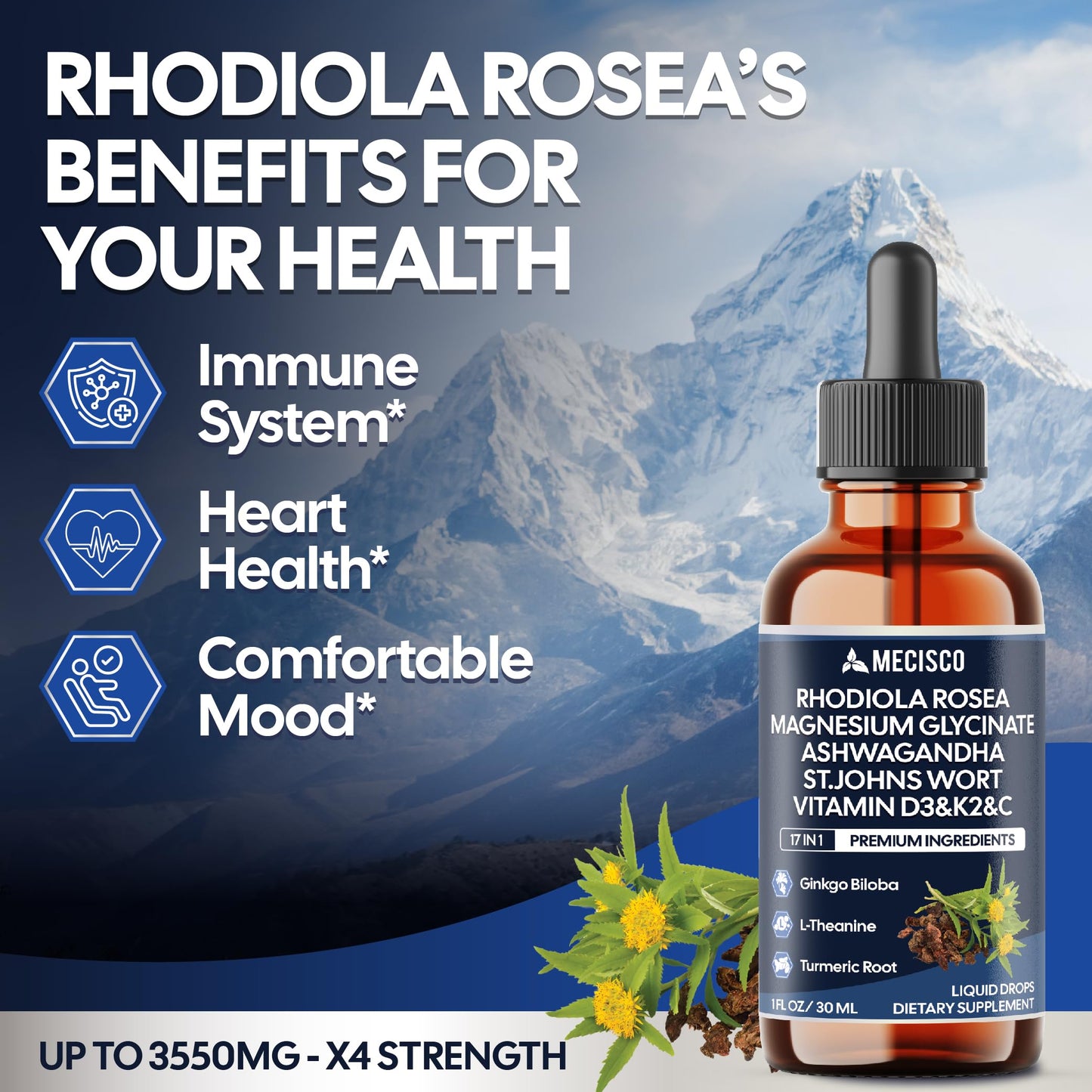 17in1 Rhodiola Rosea Liquid Drops with blend Ashwagandha Magnesium, L-Theanine. Ultra Strength Rhodiola Cortisol Supplement, Rhodiola Root for Support Relaxation, Mood, Energy - 1 FL Oz - 60 Day MeciscoBuy Supplements Australia