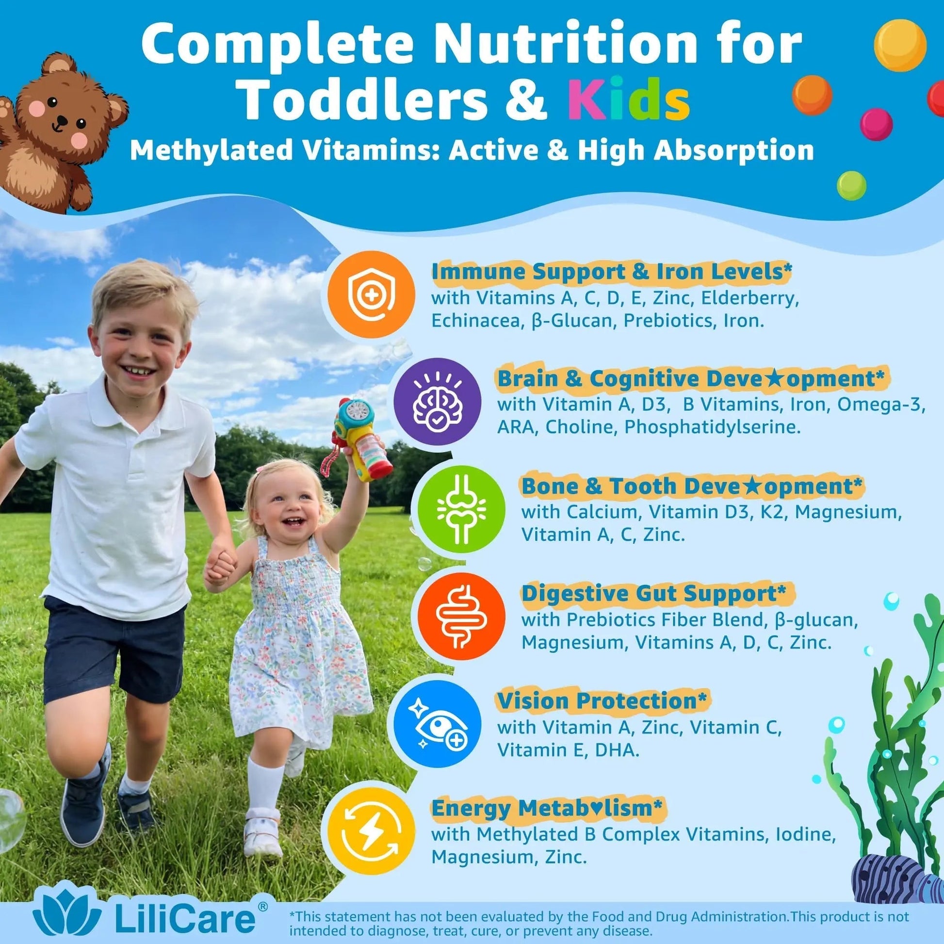 Toddler Multivitamin Gummies with Iron, Omega-3, ARA, Calcium, Prebiotic | Methylated Vitamins for Kids Ages 2+ | Overall Support | LILICAREBuy Supplements Australia