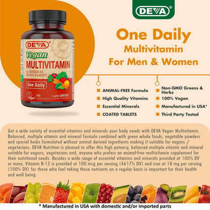 DEVA Vegan Multivitamin & Mineral Supplement with Iron 2-Pack, Spirulina, Chlorella, Ashwagandha, Broccoli & More, 90 Coated Tablets Each DEVABuy Supplements Australia