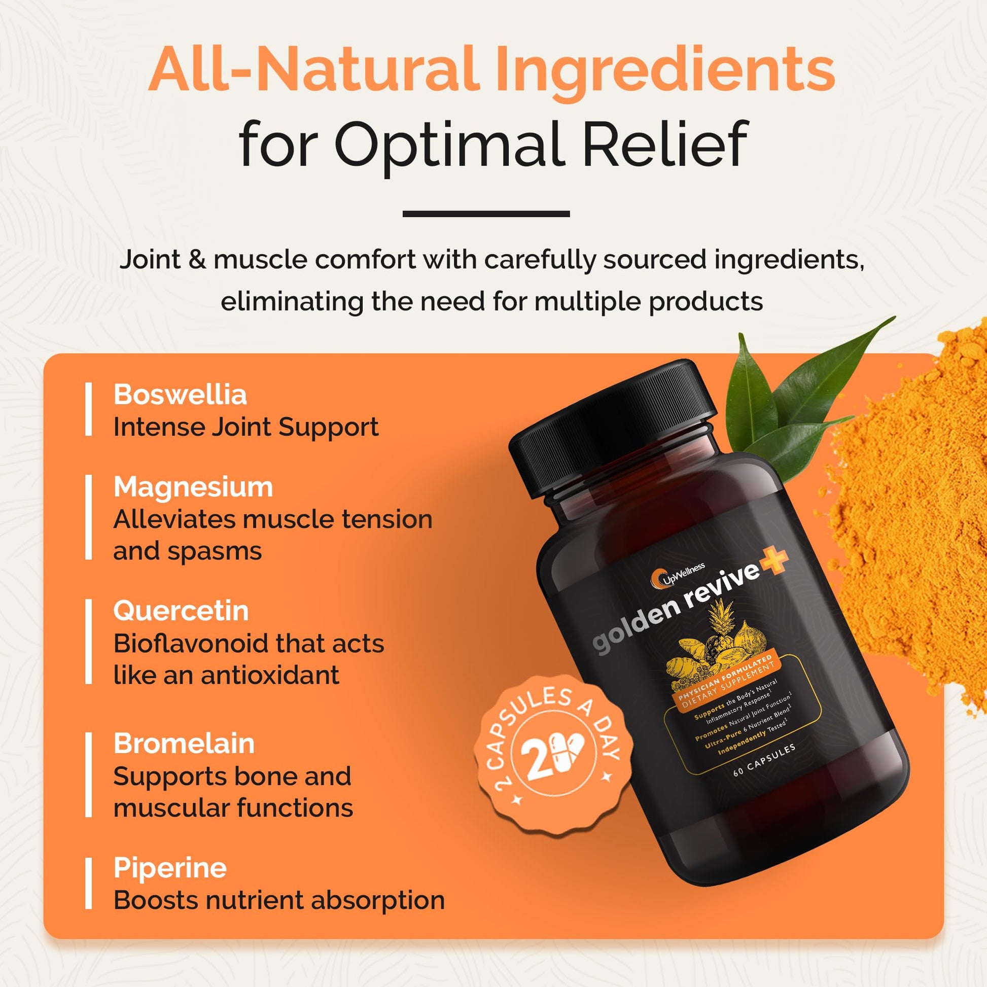 UpWellness Golden Revive + Joint Support Supplement Featuring Turmeric with Black Pepper, Quercetin, and Magnesium- Turmeric Boswellia Supplement - 6 Active Ingredients - 60 Capsules, 5 Pack UpWellnessBuy Supplements Australia