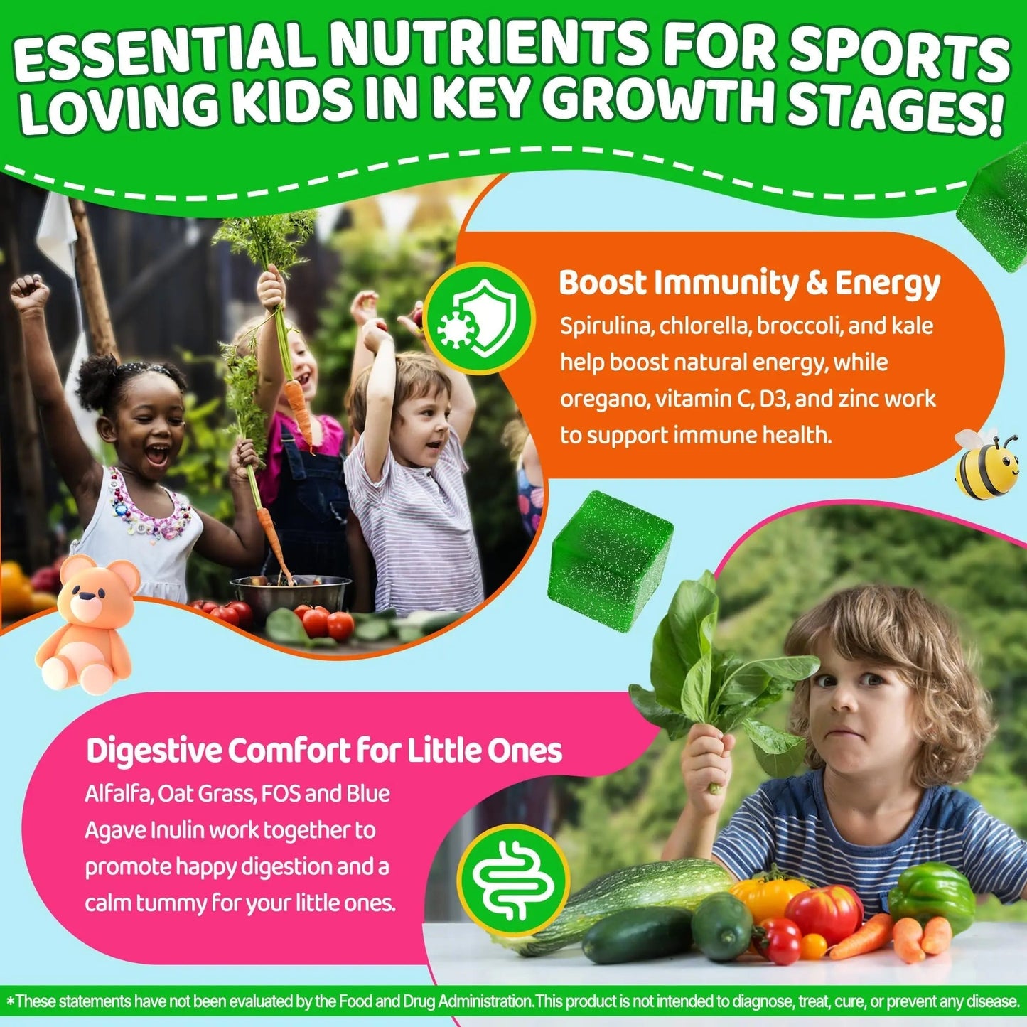 Kids Super Greens Gummies, w/Multivitamins, Spirulina, Chlorella, Spinach, Broccoli, Calcium, Omega-3 (DHA/EPA) EnvyCure