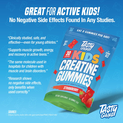 TASTY GAINS Kids & Teen Creatine Gummies with Vitamin B12 for Growth Support, Easy Chew Daily Supplement, Gummy Vitamins for Kids and Teens, Ages 5+ TASTY GAINSBuy Supplements Australia