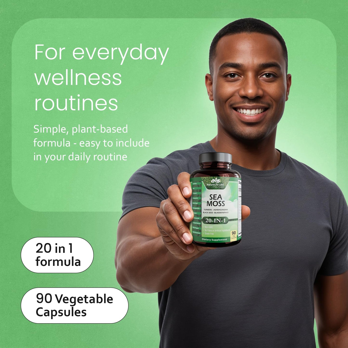 Sea Moss, Black Seed Oil, Bladderwrack, Turmeric, Ashwagandha, Burdock, Vitamin C, D3, Yellow Dock Root, Manuka, Dandelion - 90 Veggie caps NaturaLife LabsBuy Supplements Australia