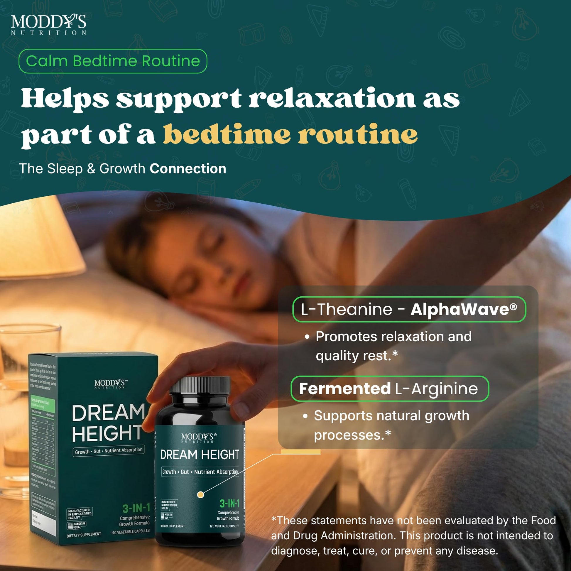 Moddy's Nutrition DreamHeight Growth Supplement for Kids & Teens, Bone, Immune & Sleep Support, Clinically Studied Formula, 120 Small Easy-to-Swallow Capsules Moddy's NutritionBuy Supplements Australia