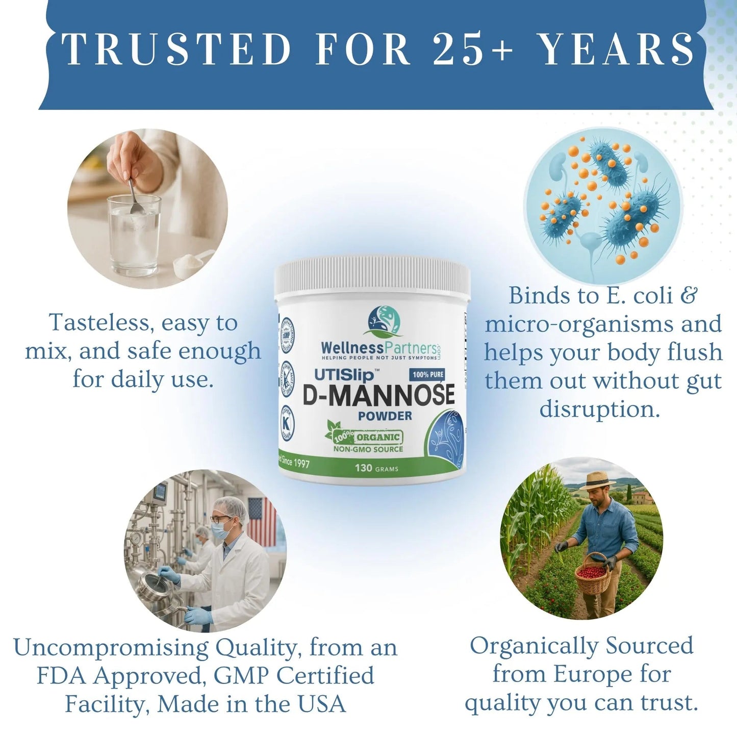 Now New UTI-Slip D Mannose Non GMO Organic Source Powder 130g jar. WellnessPartnersBuy Supplements Australia