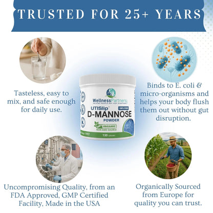 Now New UTI-Slip D Mannose Non GMO Organic Source Powder 130g jar. WellnessPartnersBuy Supplements Australia