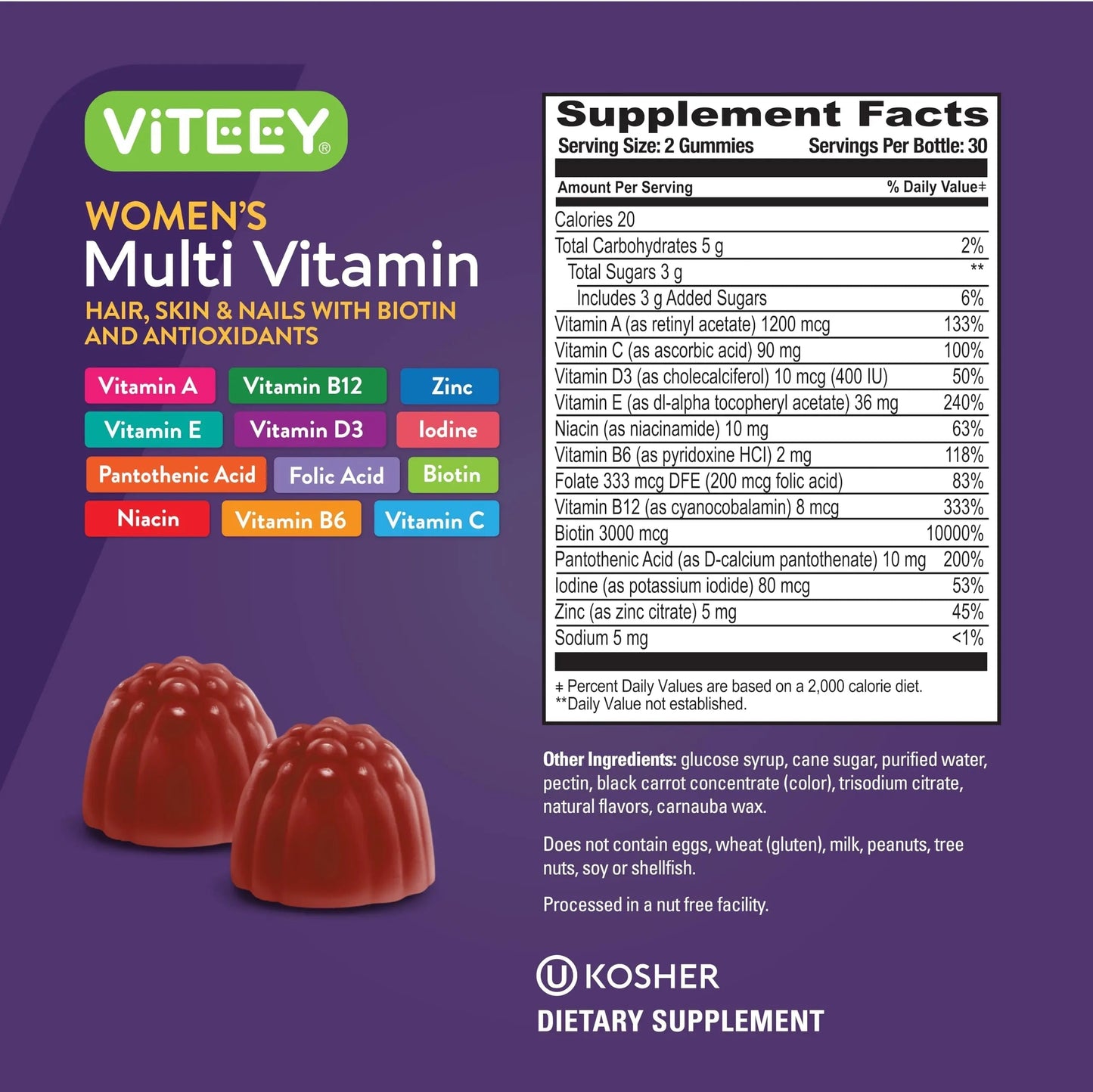 Viteey Womens Multivitamin Gummies - Immune Support - 12 in 1 Essential Vitamins & Minerals - Vitamin A, C, D3, E, B6, B12, Folic Acid, Biotin, Calcium Viteey