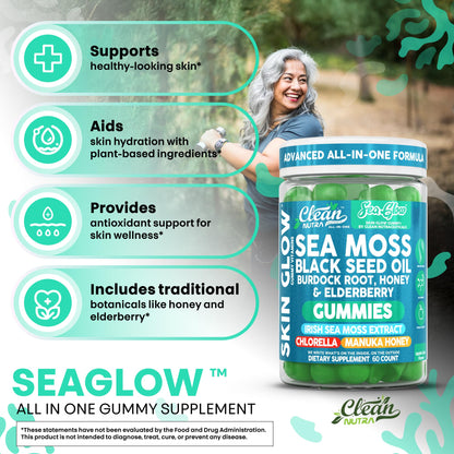 Clean Nutra Sea Moss Gummies Black Seed Oil Chlorella Ashwagandha Root Hair Growth Skin Glow Irish Sea Moss Elderberry Burdock Manuka Honey Trace Minerals Detox 60 Gummy Vitamins Sea Glow Supplement Clean NutraceuticalsBuy Supplements Australia