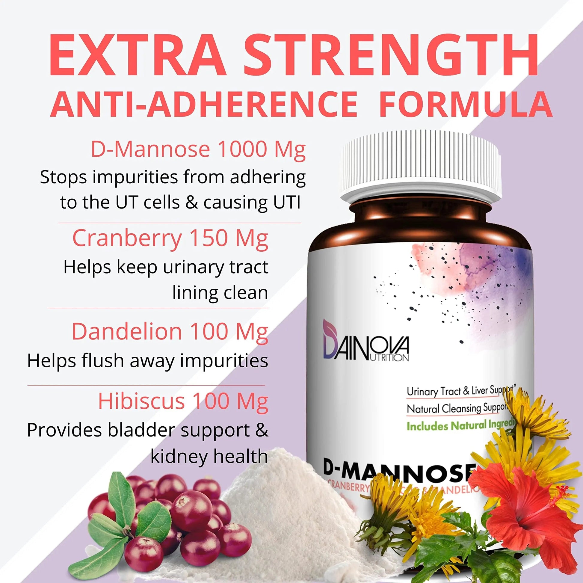 Dainova D Mannose 1350mg with Cranberry I D-Mannose Capsules for UTI Prevention, Urinary Tract Support, Urinary Tract Health for Women, & Cleanse. W/Hibiscus & Dandelion, 120 Veggie Capsules Dainova NutritionBuy Supplements Australia