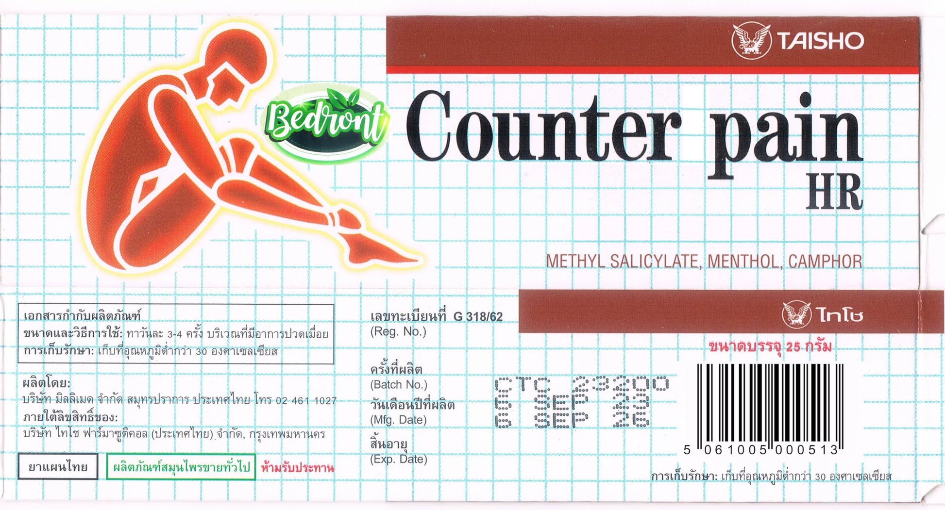 Bedront Counter Pain HR Balm 25G for Massage and Relaxation, Sports Activity. New and Improved Formula with Menthol and Camphor for Better Than Ever Effect! Made in Thailand for Even Better Quality BedrontBuy Supplements Australia