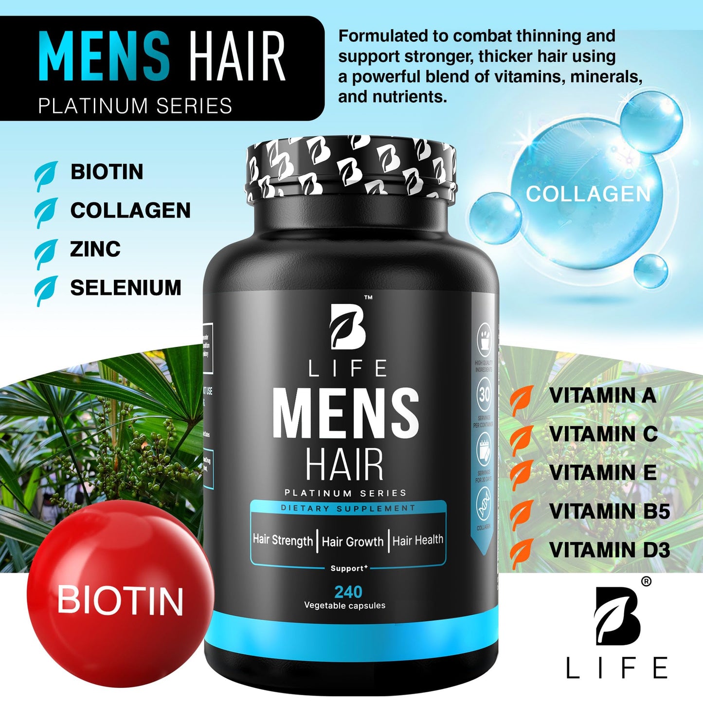 Men’s Hair Growth Supplement – Biotin & Collagen Hair Vitamins for Men – Thicker, Fuller Hair, Nail & Scalp Support – Hair Loss Supplement with Zinc, Selenium & Vitamins A C D E – 240 Capsules B Life CompanyBuy Supplements Australia