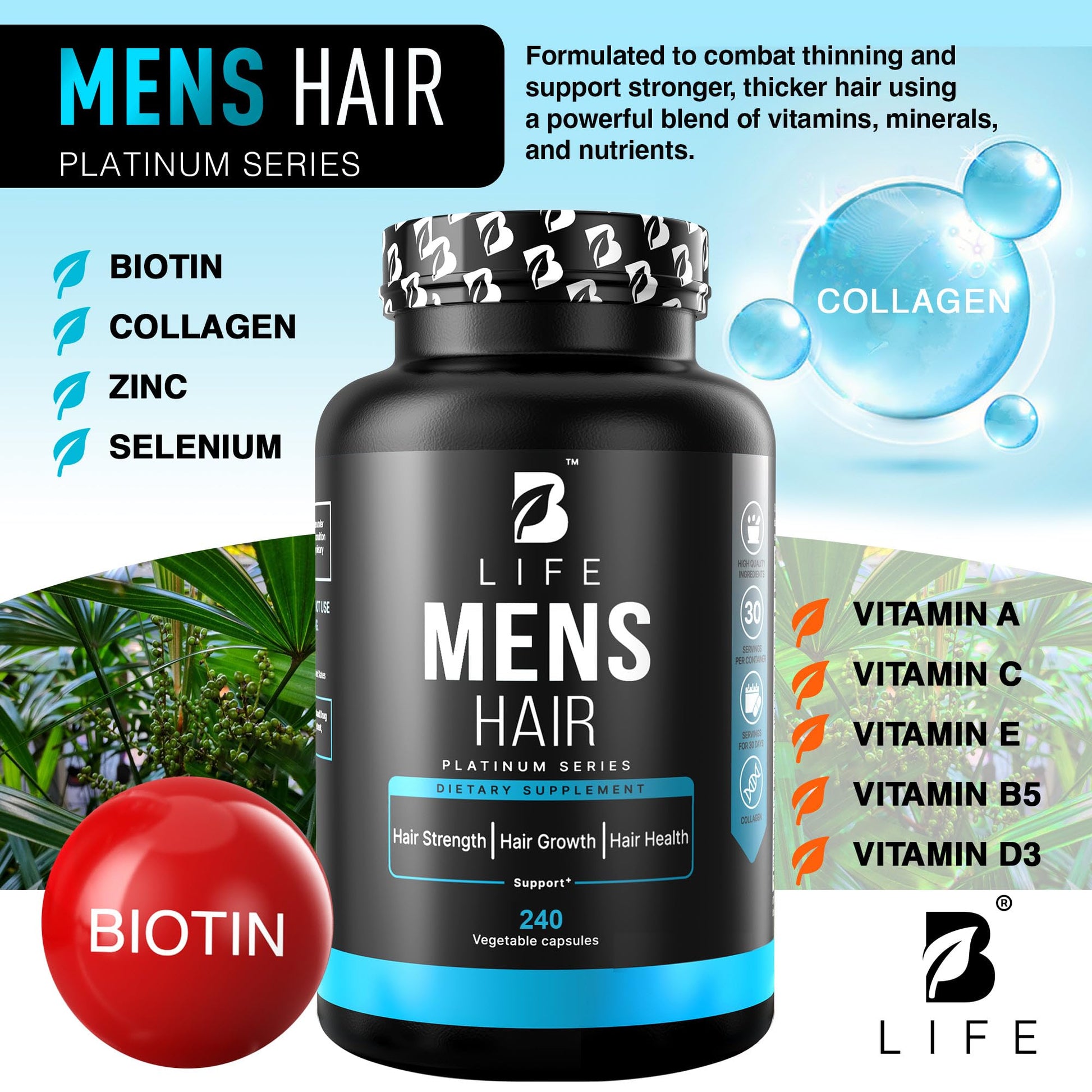 Men’s Hair Growth Supplement – Biotin & Collagen Hair Vitamins for Men – Thicker, Fuller Hair, Nail & Scalp Support – Hair Loss Supplement with Zinc, Selenium & Vitamins A C D E – 240 Capsules B Life CompanyBuy Supplements Australia