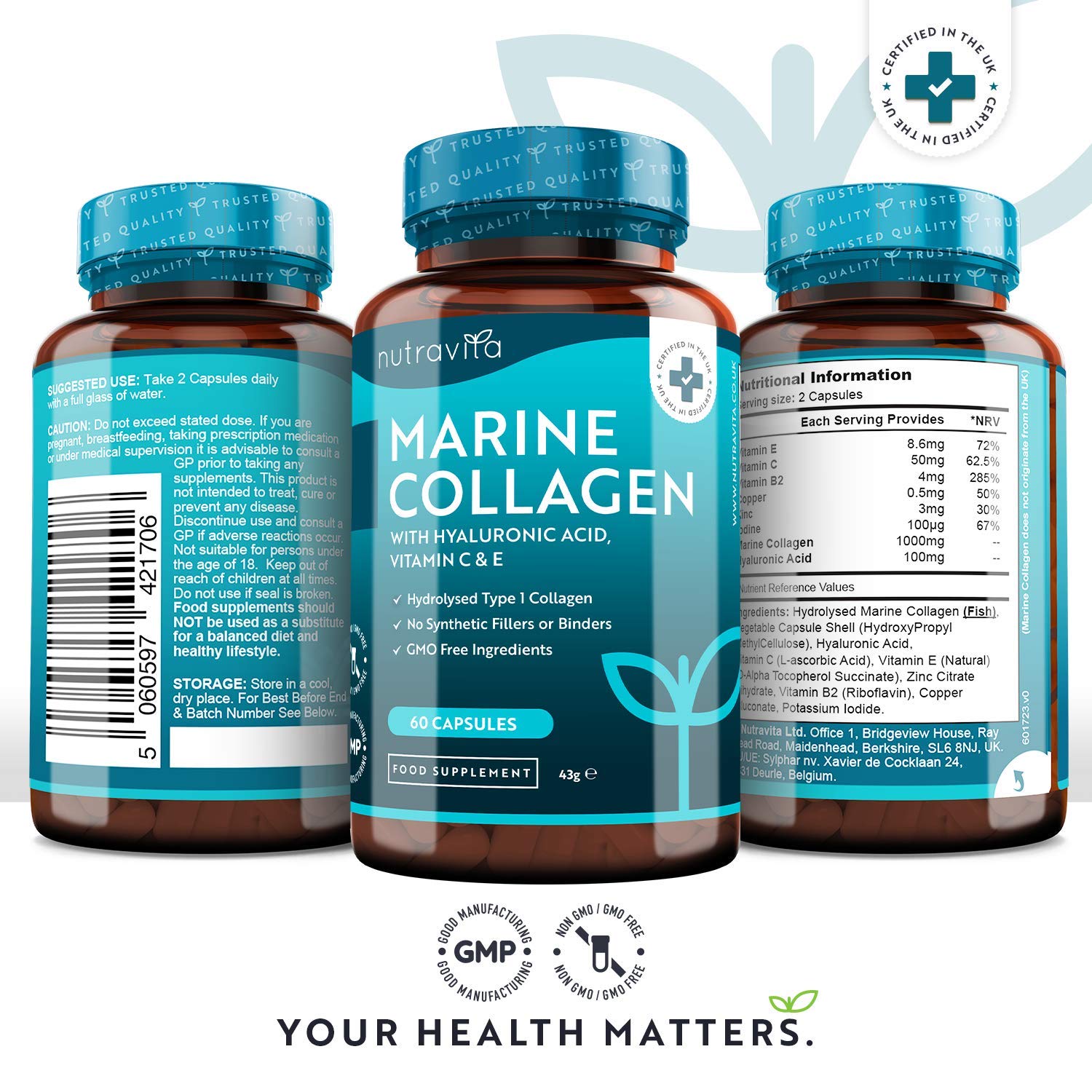 Marine Collagen 1000mg - 60 Capsules of Superior Type 1 Hydrolysed Collagen NutravitaBuy Supplements Australia