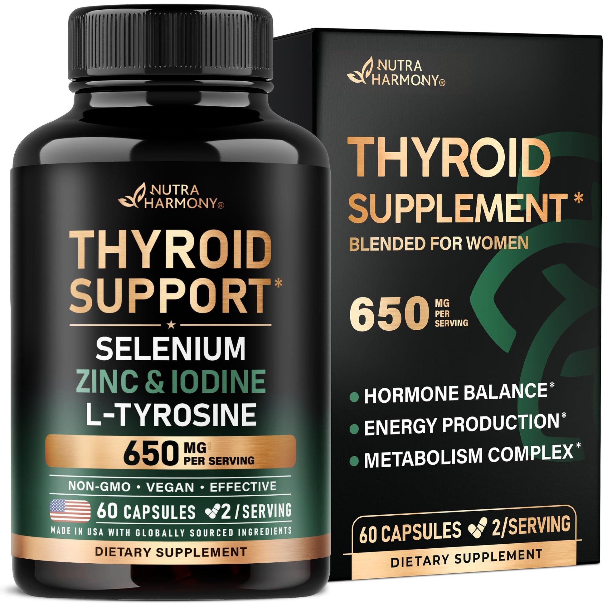 Thyroid Support for Women - Selenium 200 mcg | Astragalus | Zinc & Iodine | L-Tyrosine | Adaptogen Herbs - 21-in-1 Antioxidant & Immune Support - Made in USA - Vegan, Non-GMO, Lab Tested - 60 Capsules NUTRAHARMONYBuy Supplements Australia
