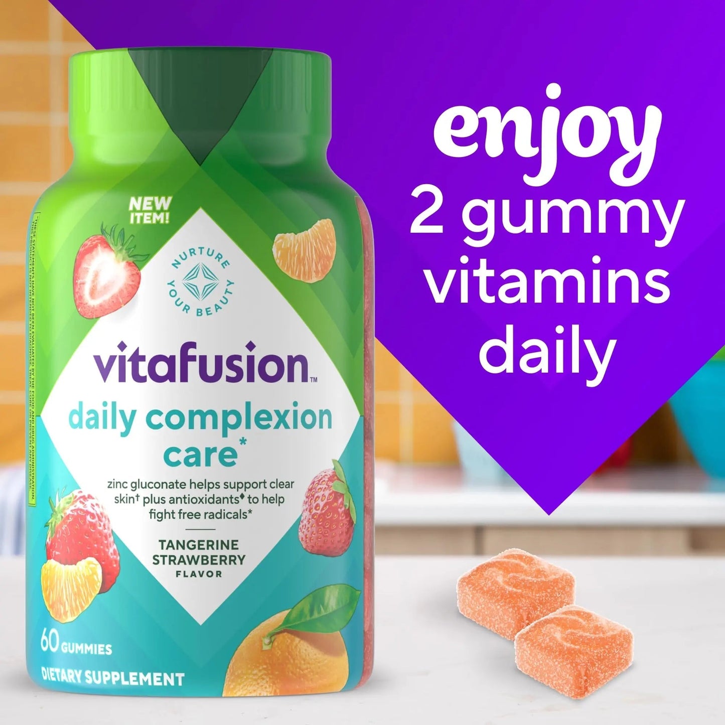 vitafusion Daily Complexion Care (1), Beauty Supplement Helps Support Clear Skin (1) (2) with Zinc Gluconate, Plus Vitamins E & C Vitafusion
