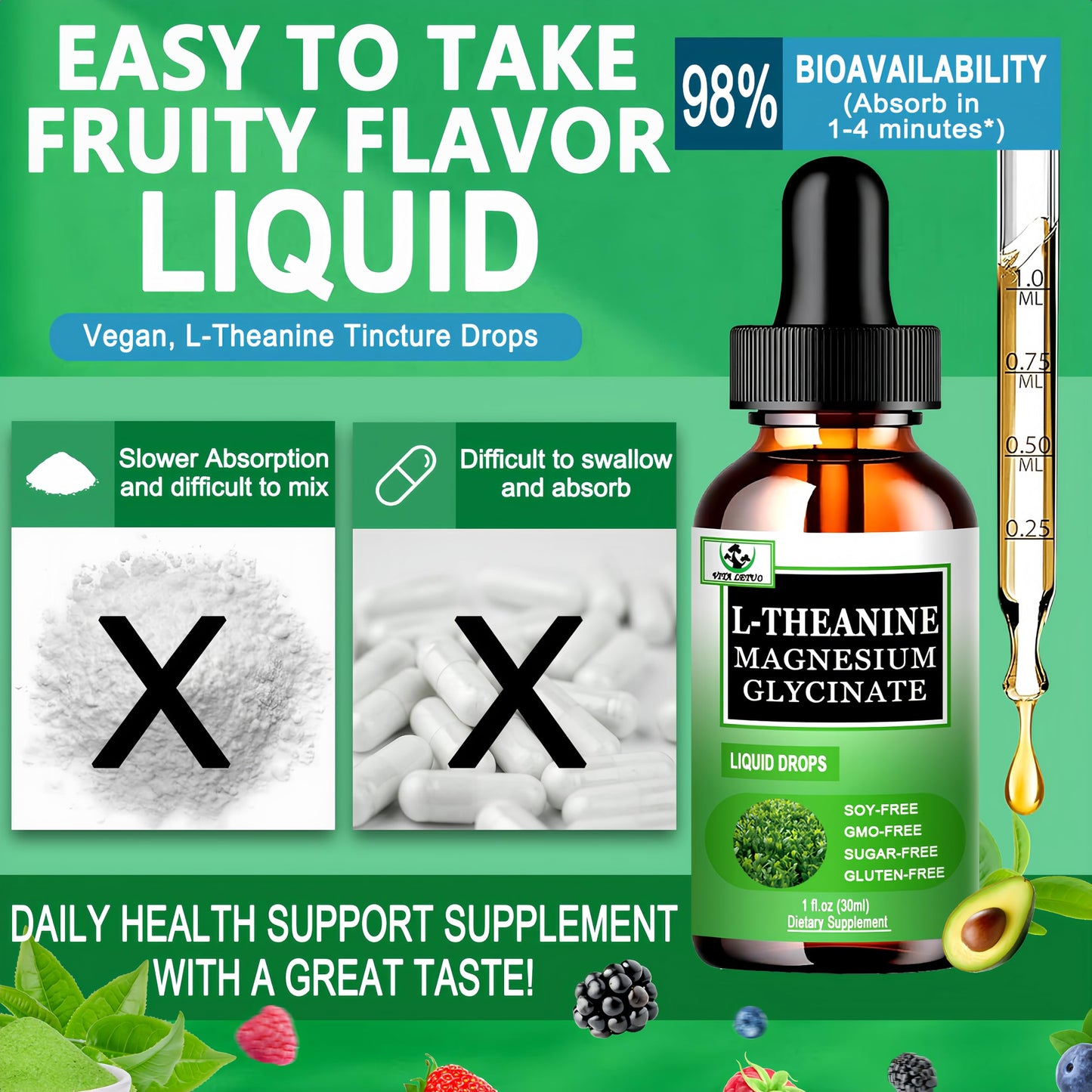 L Theanine Drops, Liquid L-Theanine Supplement 200mg w/Magnesium Glycinate,Vitamins,Fiber for Relaxation,Sleep,Digestion, Calm,High Absorption Mood Support for Adults & Kids,Plant Based,Non-GMO Vita letuoBuy Supplements Australia