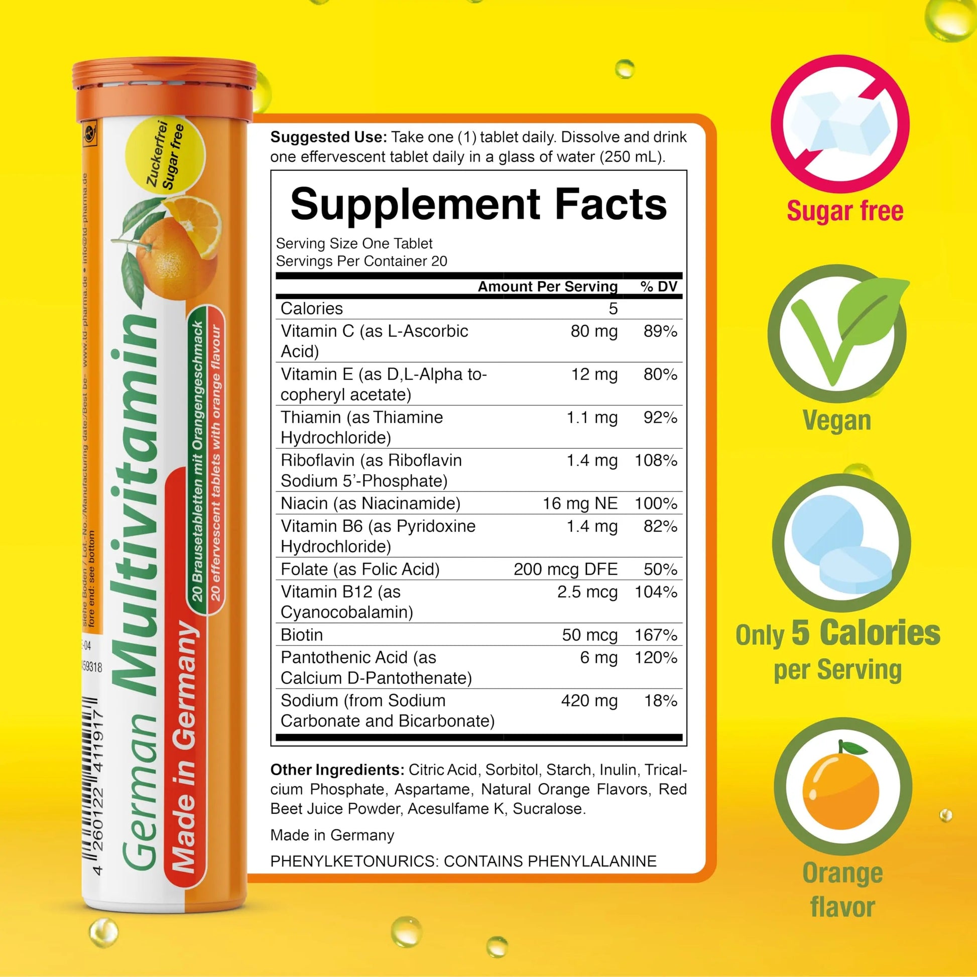 T&D German Multvitamin 10 Vitamins - 40 Vegan Drink Effervescent Tablets - Orange Flavor T&D