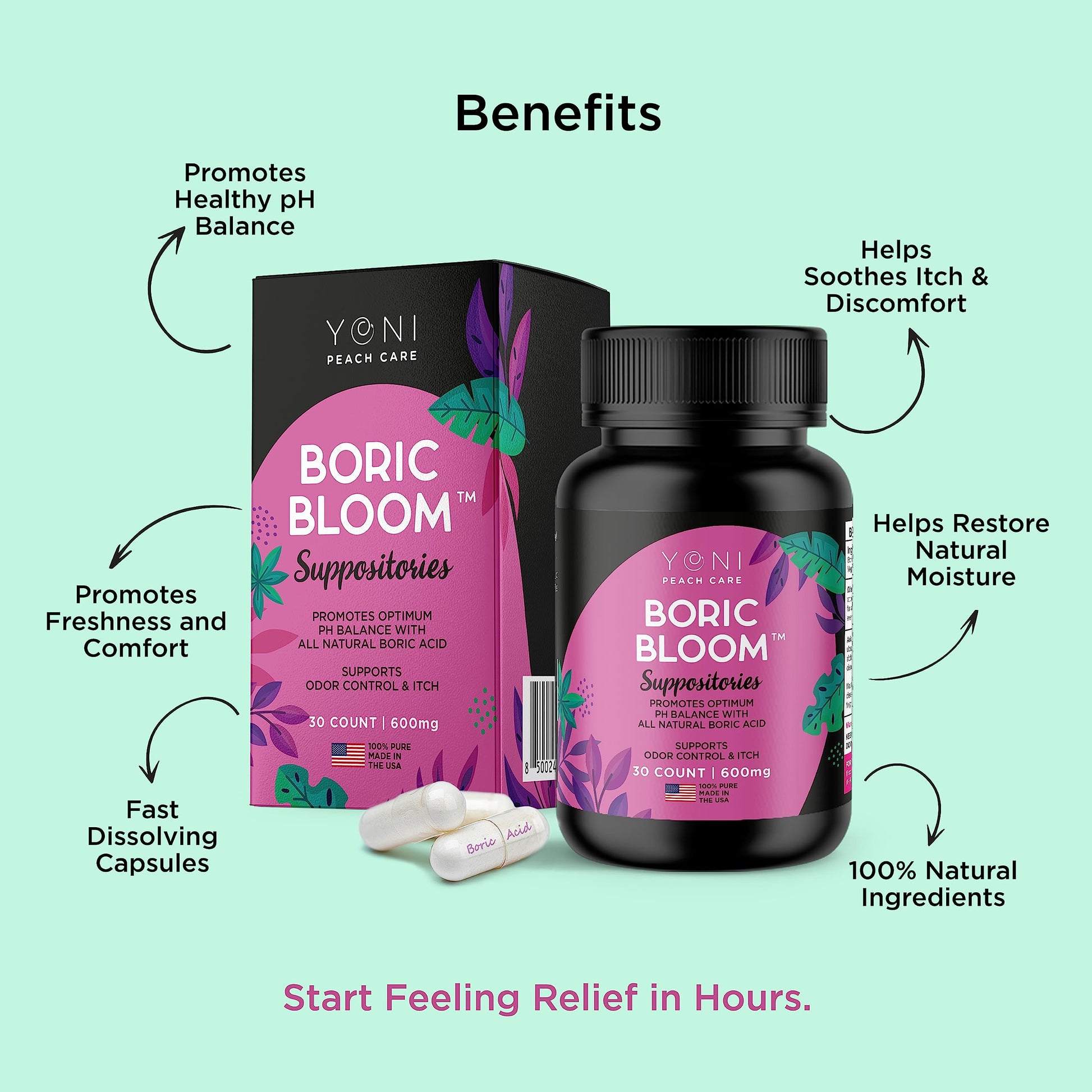 Boric Acid Suppositories - Vaginial Suppository Bacterial Vaginosis, pH Balance for Women Pills Yoni Peach CareBuy Supplements Australia