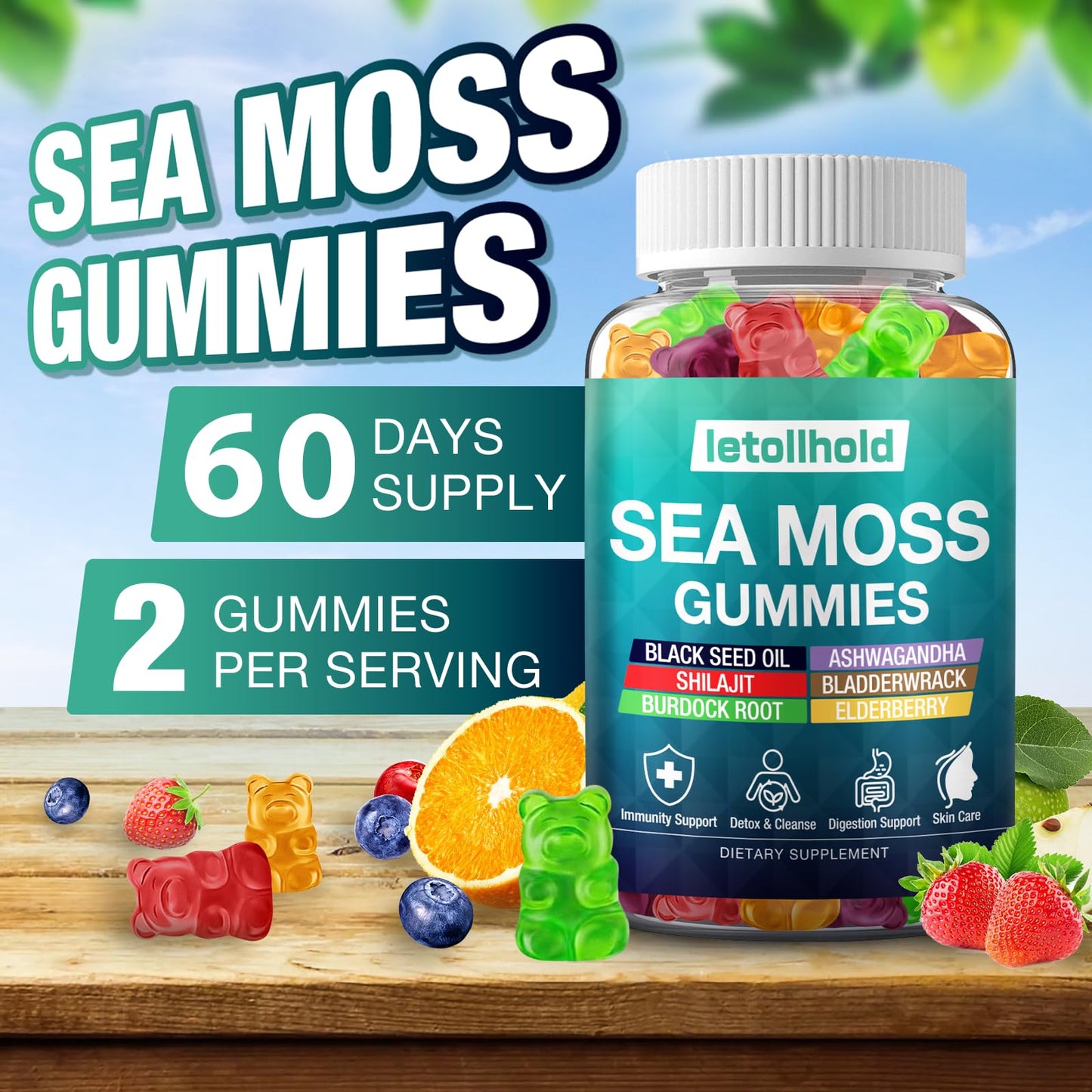 Sea Moss Gummies - Irish Sea Moss Gummies Advanced for Adults with Ashwagandha Bladderwrack & Burdock Root for Supports Immune，Energy - 60 Vegan Gummy,5PCS letollholdBuy Supplements Australia