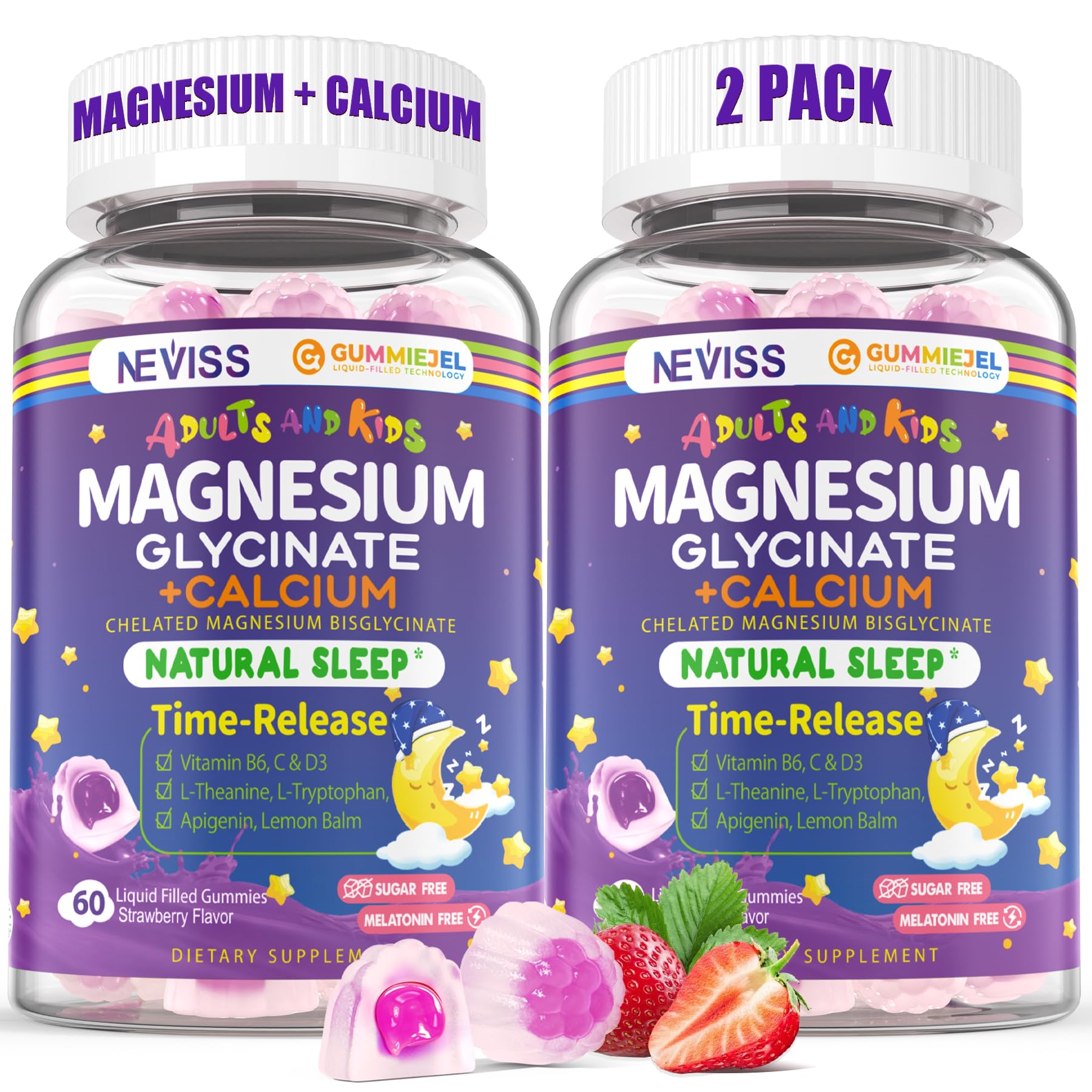 Neviss Magnesium Glycinate + Calcium Filled Gummies for Adults and Kids 4+, Kids Sleep Gummies Melatonin Free, No Sugar Magnesium Supplement w/B6 D3, L-Theanine for Zzz Relax, Brain,Bone,Muscle 2Pack NEVISSBuy Supplements Australia