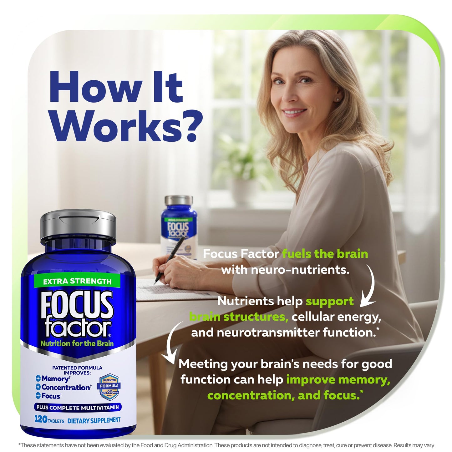 Focus Factor Adults Extra Strength, 120 Count - Brain Supplement for Memory, Concentration and Focus - Complete Multivitamin with DMAE