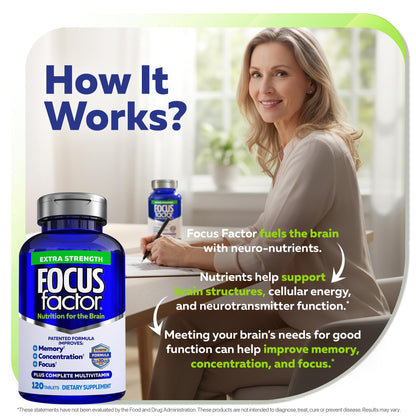 Focus Factor Adults Extra Strength, 120 Count - Brain Supplement for Memory, Concentration and Focus - Complete Multivitamin with DMAE