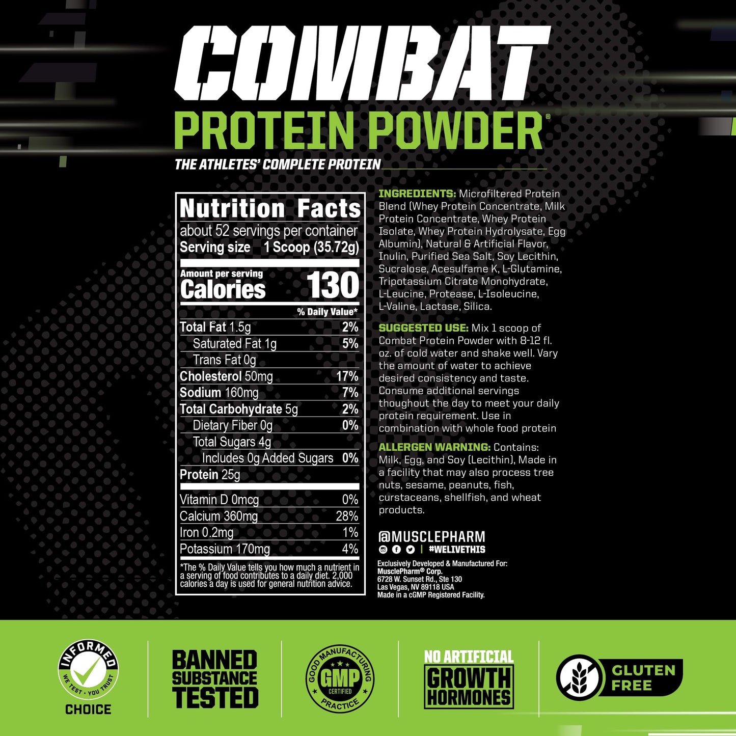 MusclePharm Combat Protein Powder, Banana Cream - 4 lb - Gluten Free - 52 Servings Muscle PharmBuy Supplements Australia