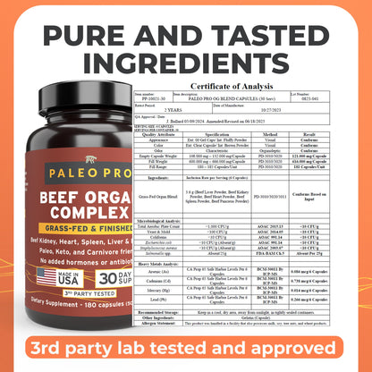 Paleo Pro O.G. Blend Premium Beef Organs Capsules, Kidney, Heart, Liver, Spleen and Pancreas from Grass Fed & Pastured Cows, Dietary Supplement, No GMO, 180 Capsules (Beef Organ Complex) Paleo ProBuy Supplements Australia
