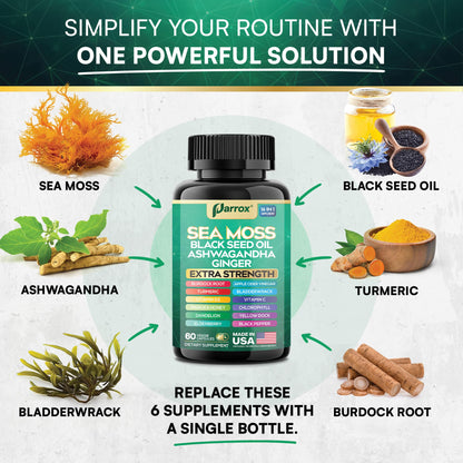 Parrox Sea Moss, Black Seed Oil, Ashwagandha, Turmeric, Chlorophyll, Dandelion, Ginger, Vitamin D3, Black Pepper, Elderberry, ACV, Yellow Dock, Burdock Root, Manuka, Vitamin C, Bladderwrack (60 Caps) ParroxBuy Supplements Australia