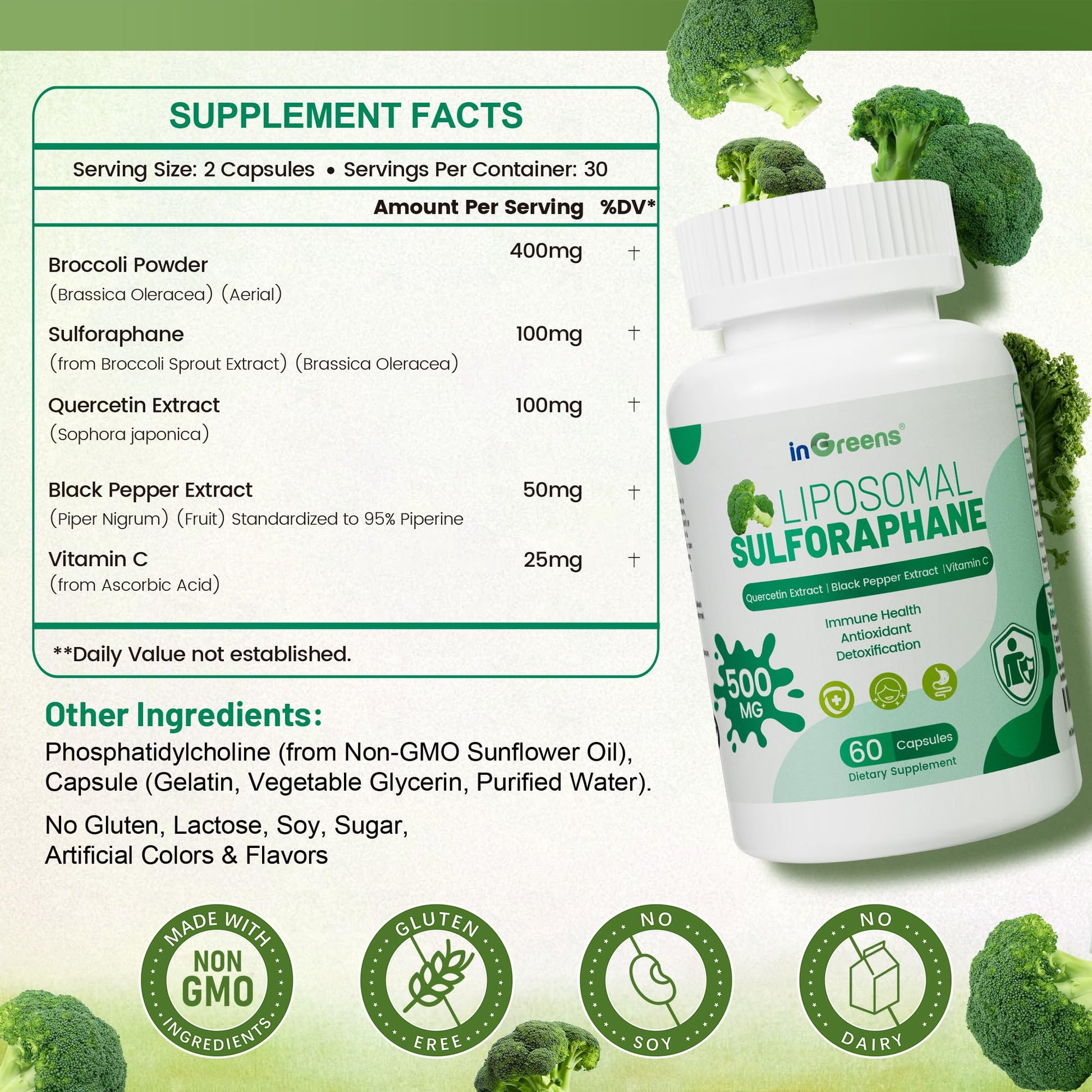 Liposomal Sulforaphane 500mg Supplement from Broccoli Extract with Quercetin, Black Pepper & Vitamin C – Antioxidant, Detox & Cellular Support, Cellular Health Formula for Men & Women, 60 Capsules inGreensBuy Supplements Australia