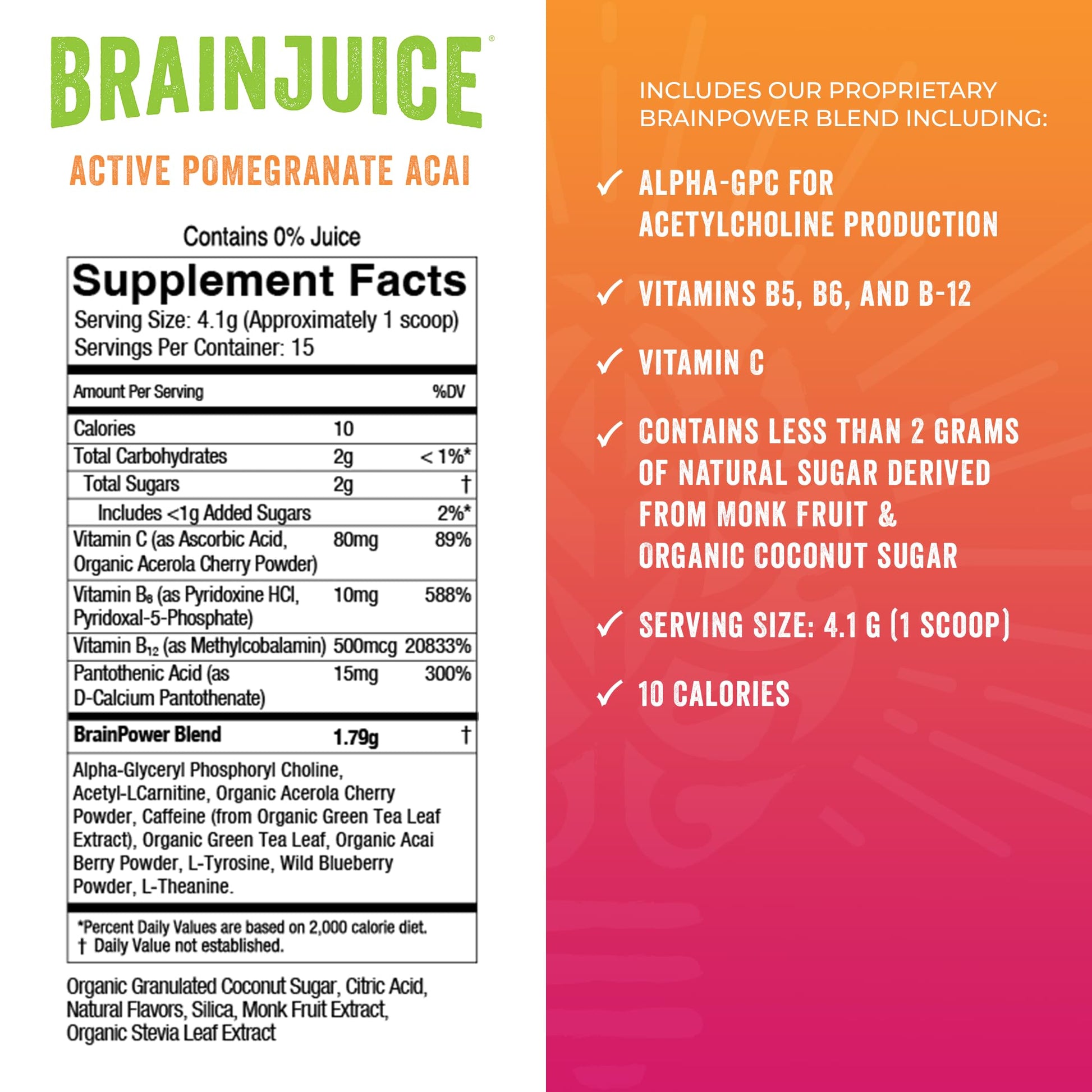 BrainJuice Nootropics Brain Support Supplement, Gluten Free Powder for Energy and Focus, Pre Workout w/Alpha GPC, Vitamin B & Organic Green Tea Extract Caffeine, Active Pomegranate Acai, 15 Servings BrainJuiceBuy Supplements Australia