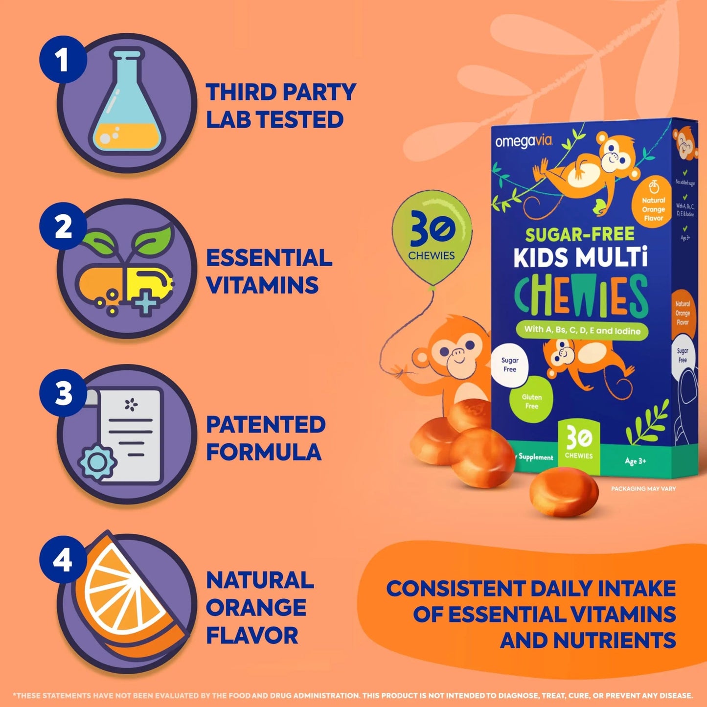 OmegaVia Sugar Free Kids Multivitamin Chewies - Daily Chewable Gummy Vitamins for Kids 3+ OmegaVia