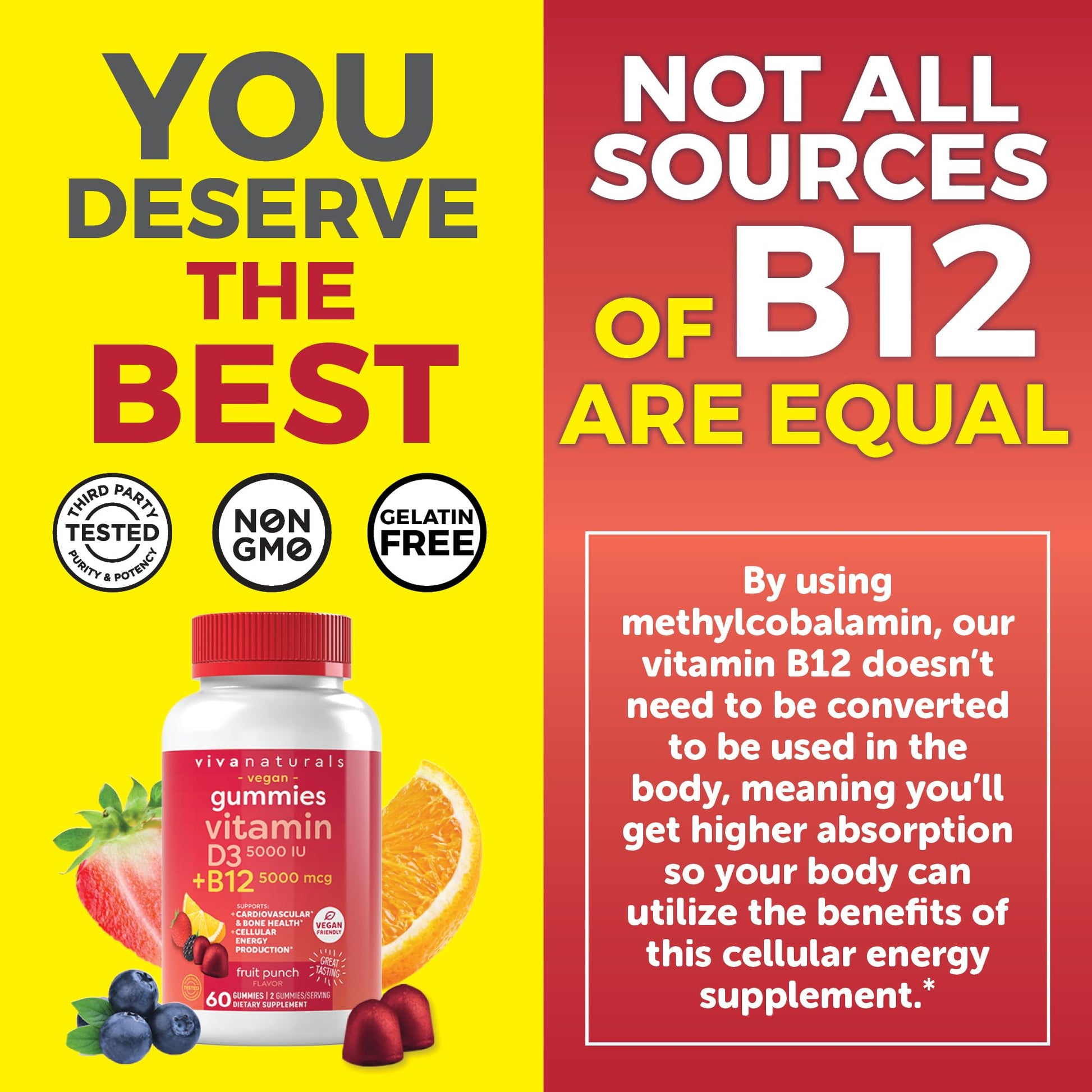 Viva Naturals Plant-Based B12 Gummies with Vitamin D3 - Chewable 5000mcg B12 Viva NaturalsBuy Supplements Australia