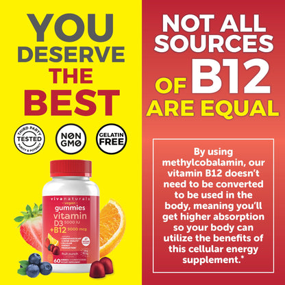 Viva Naturals Plant-Based B12 Gummies with Vitamin D3 - Chewable 5000mcg B12 Viva NaturalsBuy Supplements Australia