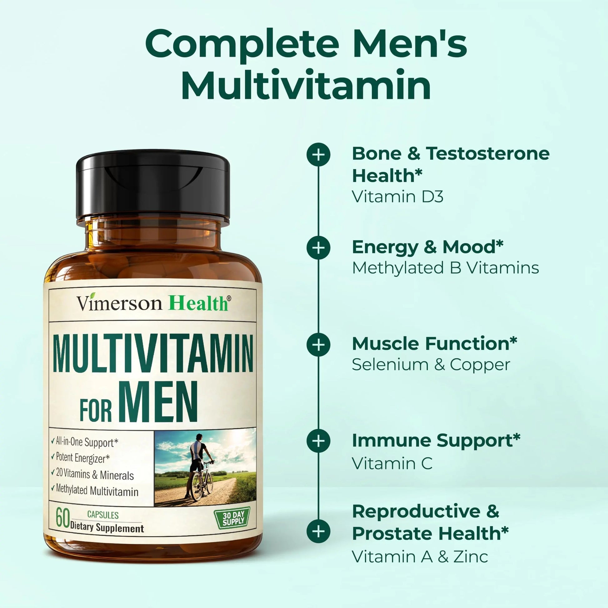 Methylated Multivitamin for Men with Bioavailable Vitamins, Chelated Minerals, Vitamin D, B12, C, A & Zinc for Energy, Focus and Immune Health Vimerson HealthBuy Supplements Australia
