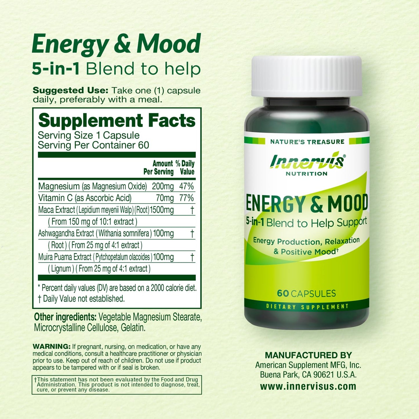 Caffeine Free Natural Energy Boost with Ashwagandha, Maca & Magnesium - Support Stress Relief, Focus & Mood - 60 Capsules by Innervis Nutrition INNERVISNUTRITIONBuy Supplements Australia