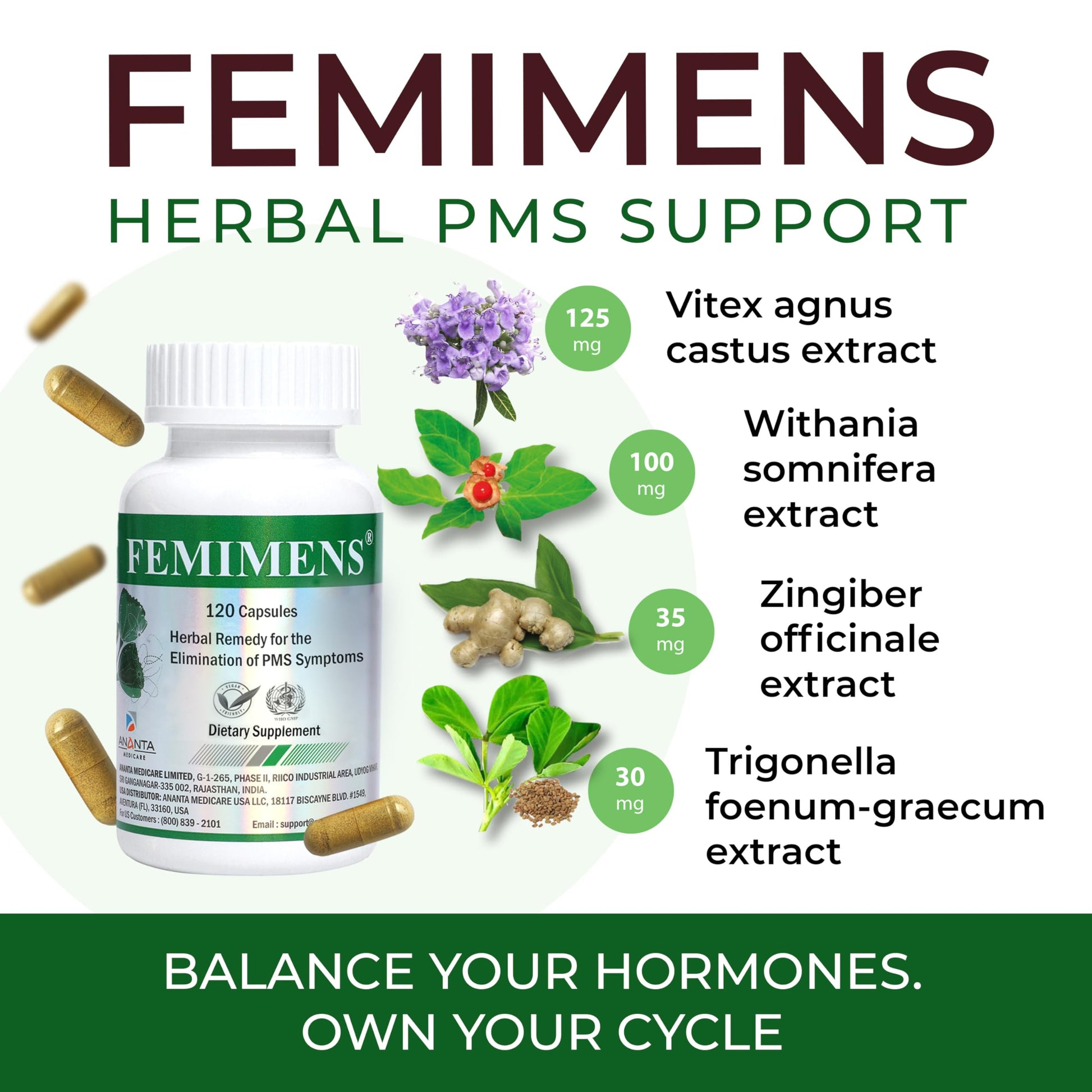 FEMIMENS – PMS Support Supplement for Women – PMS Relief for Women & Menstrual Cramp Relief – Hormonal Balance for Women – Chasteberry Vitex, Ashwagandha, Ginger, Fenugreek – 120 Vegan Capsules Ananta Medicare USABuy Supplements Australia