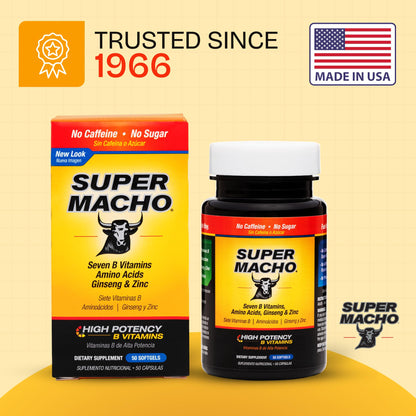 Super Macho, High Potency B Vitamins and Amino Acids, Fuel for Today's Active Men, No Caffeine, No Sugar, Dietary Supplement, Made in USA,50 Softgels Super MachoBuy Supplements Australia