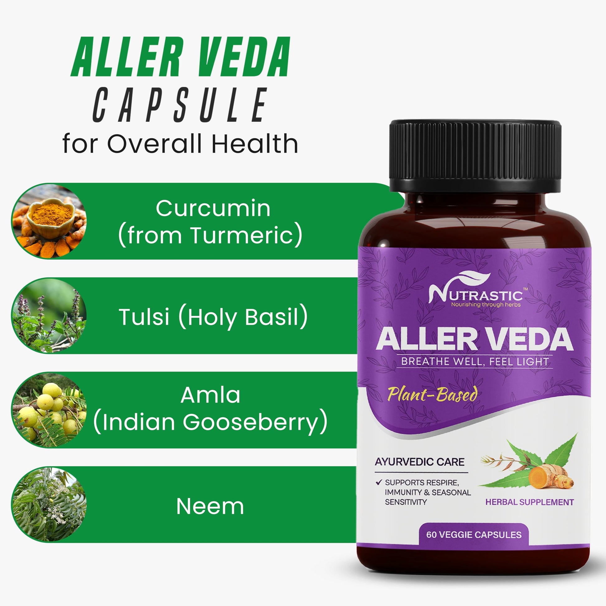 Nutrastic Aller Veda Respiratory Wellness Supplement with Pure Tulsi, Amla, Turmeric, and Neem | Natural Support for Healthy Breathing | 60 Caps NutrasticBuy Supplements Australia