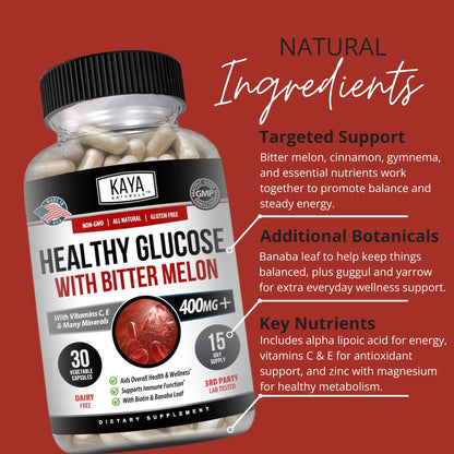 Kaya Naturals Healthy Gluco with Bittermelon Supplement | Support Healthy Levels and Function, 20 Herbs Vitamins and Minerals, Alpha Lipoic Acide, Cinnamon, Vitamin C & E, Non-GMO (30 Count) Kaya NaturalsBuy Supplements Australia