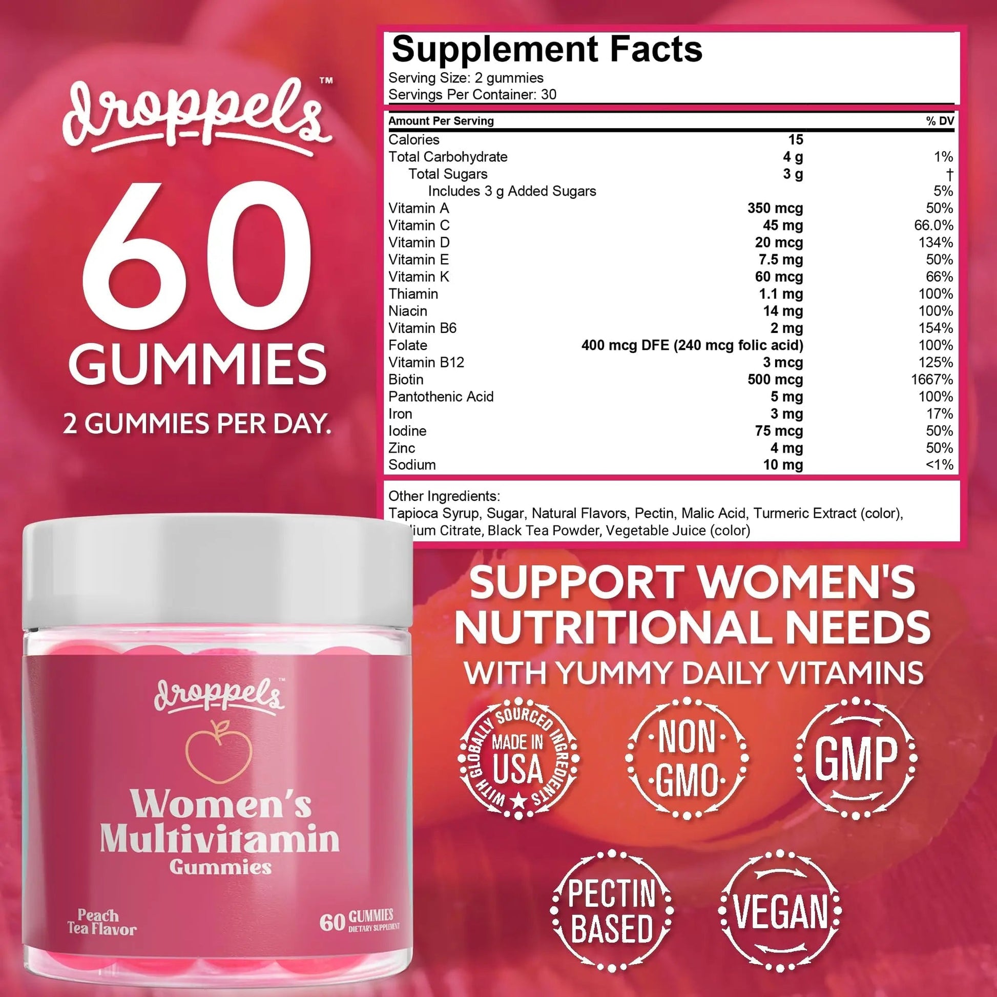 Droppels Women's Multivitamin Gummies with Folic Acid, Vitamins A, D, C, E, K, B6, B12, Biotin & More | Vegan, Non-GMO & Pectin-Based Daily Vitamins for Women | Droppels