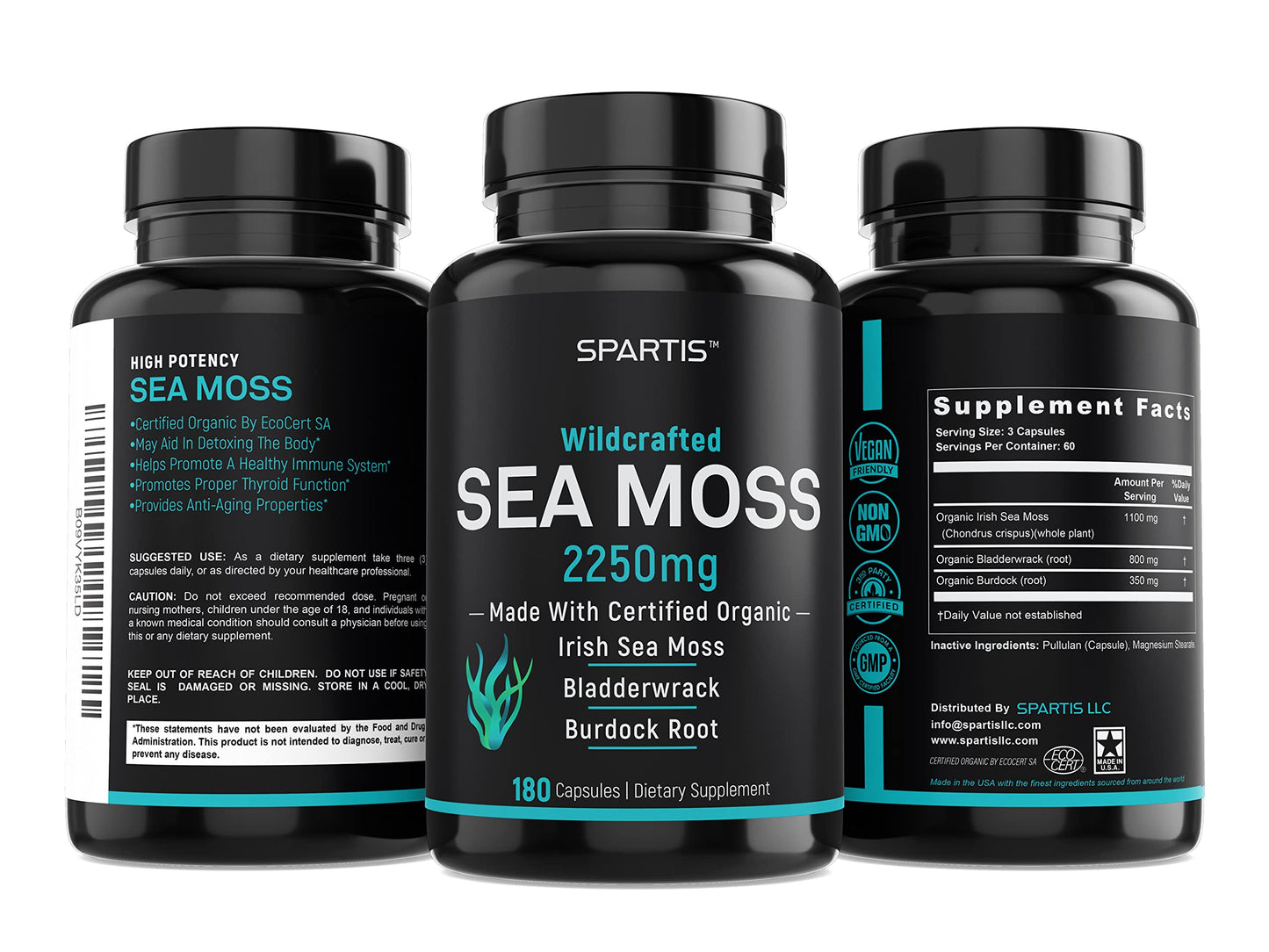 SPARTIS Certified Organic Sea Moss Capsules 2250mg Wildcrafted Irish Sea Moss Burdock Root Bladderwrack Supplement Raw Seamoss Pills & Powder (Pack of 1 at 180-Caps) SPARTISBuy Supplements Australia