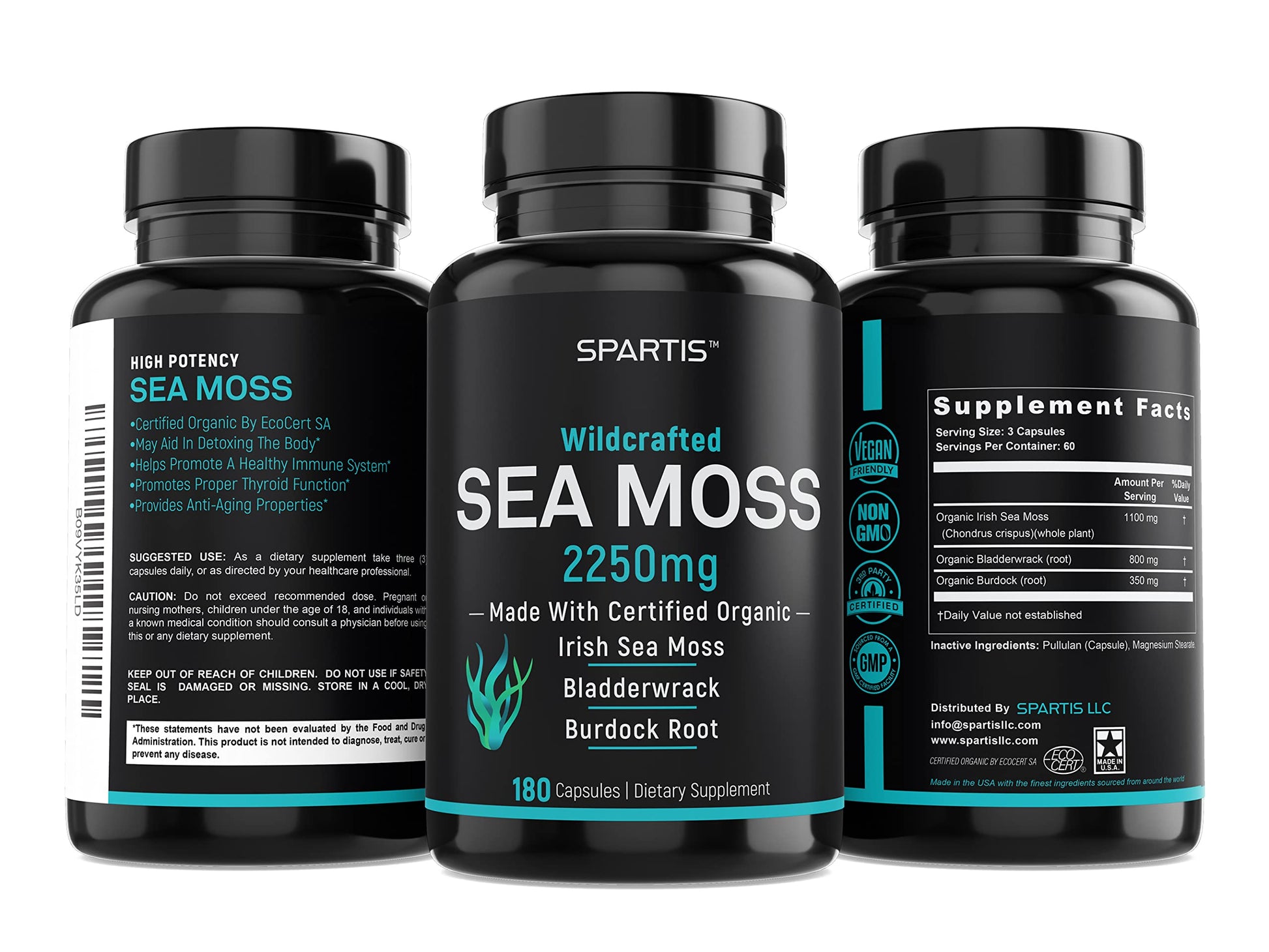 SPARTIS Certified Organic Sea Moss Capsules 2250mg Wildcrafted Irish Sea Moss Burdock Root Bladderwrack Supplement Raw Seamoss Pills & Powder (Pack of 1 at 180-Caps) SPARTISBuy Supplements Australia