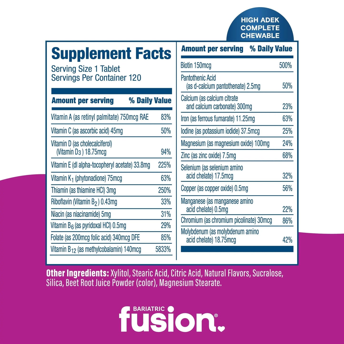 Bariatric Fusion Chewable Multivitamin with High ADEK Vitamins | Multi for Duodenal Switch Patients | Mixed Berry Flavored Tablets | Bariatric Fusion