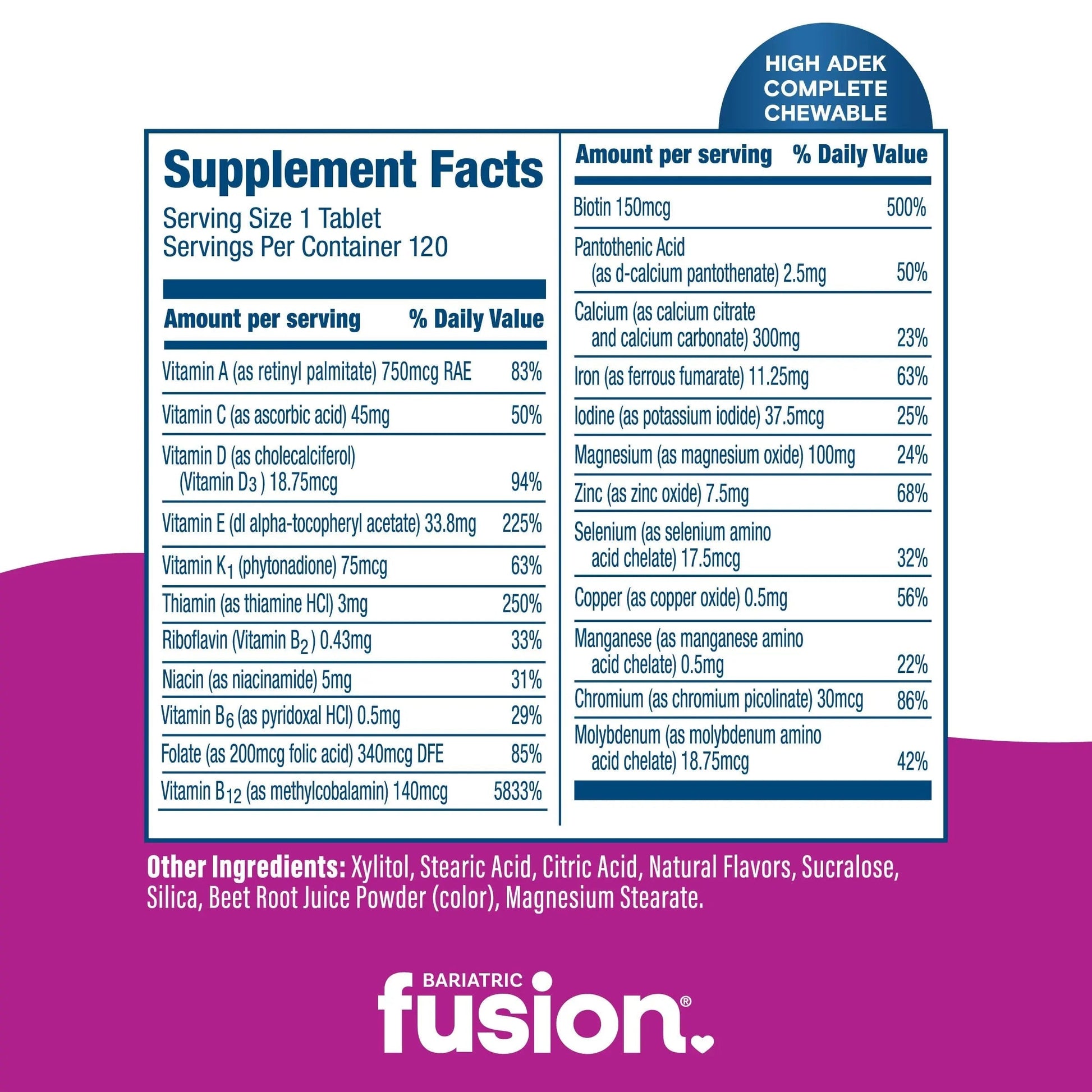 Bariatric Fusion Chewable Multivitamin with High ADEK Vitamins | Multi for Duodenal Switch Patients | Mixed Berry Flavored Tablets | Bariatric Fusion