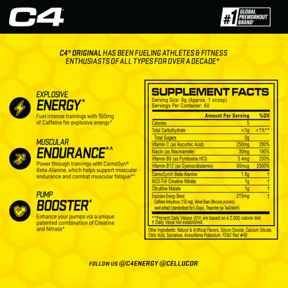 C4 Original Pre Workout Powder Fruit Punch - Vitamin C for Immune Support - Sugar Free CellucorBuy Supplements Australia