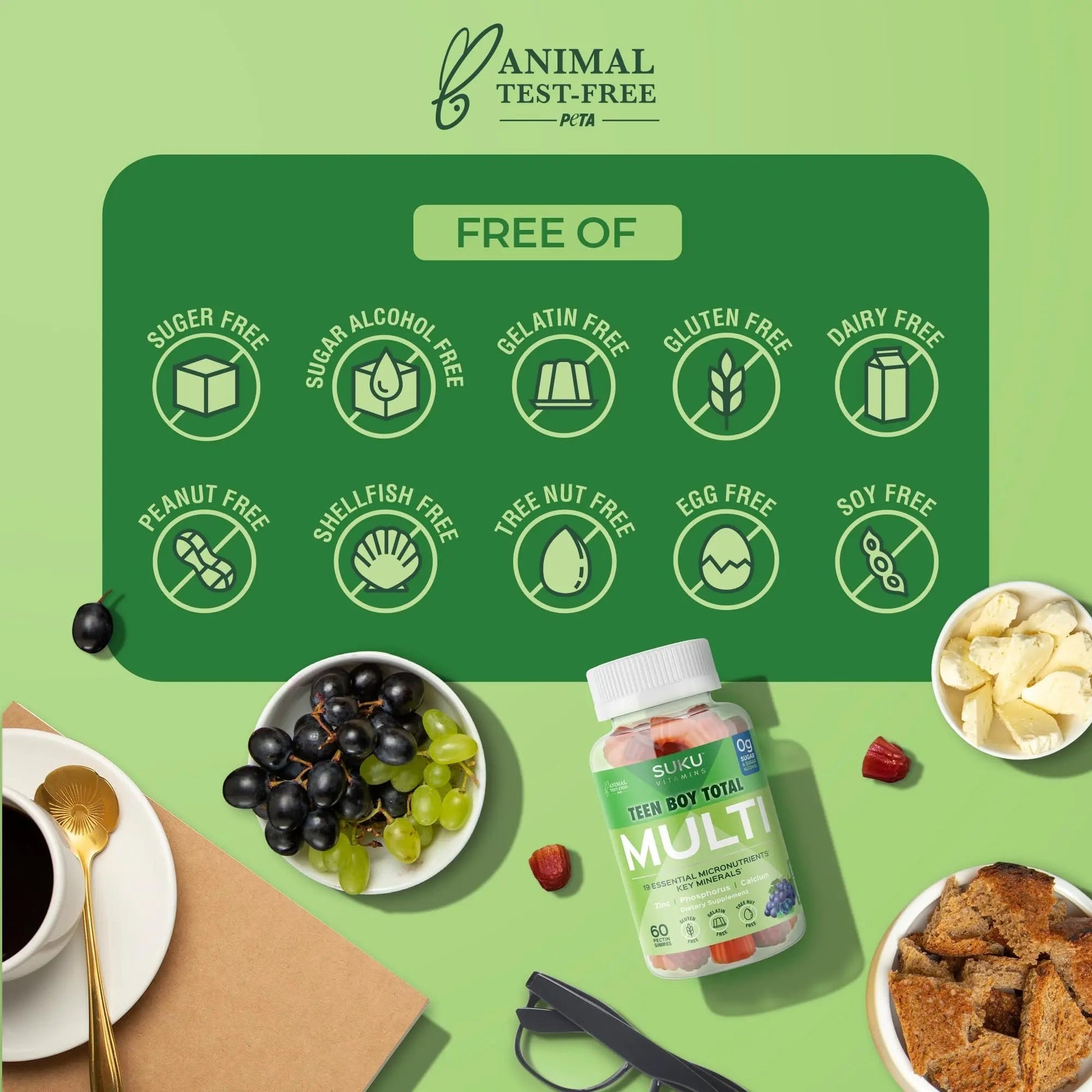 SUKU Teen Boy Multivitamin Gummies – Vitamins A, B12, C, D3, E, Zinc & Biotin – Sugar-Free Vegetarian Supplement SUKU