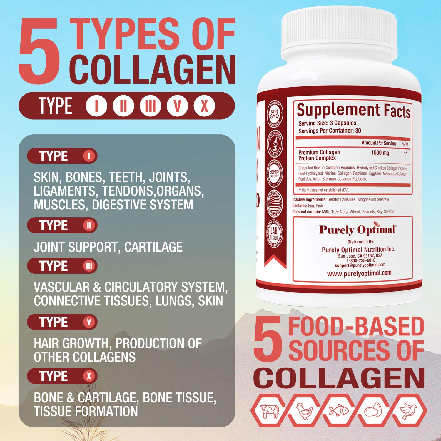 Purely Optimal Premium Multi Collagen Peptides Capsules (Types I, II, III, V, X) - Hair Purely OptimalBuy Supplements Australia